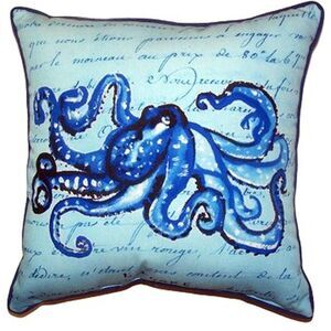 Betsy Drake Blue Octopus Script Accent Throw Pillow Indoor Outdoor 18 Inches